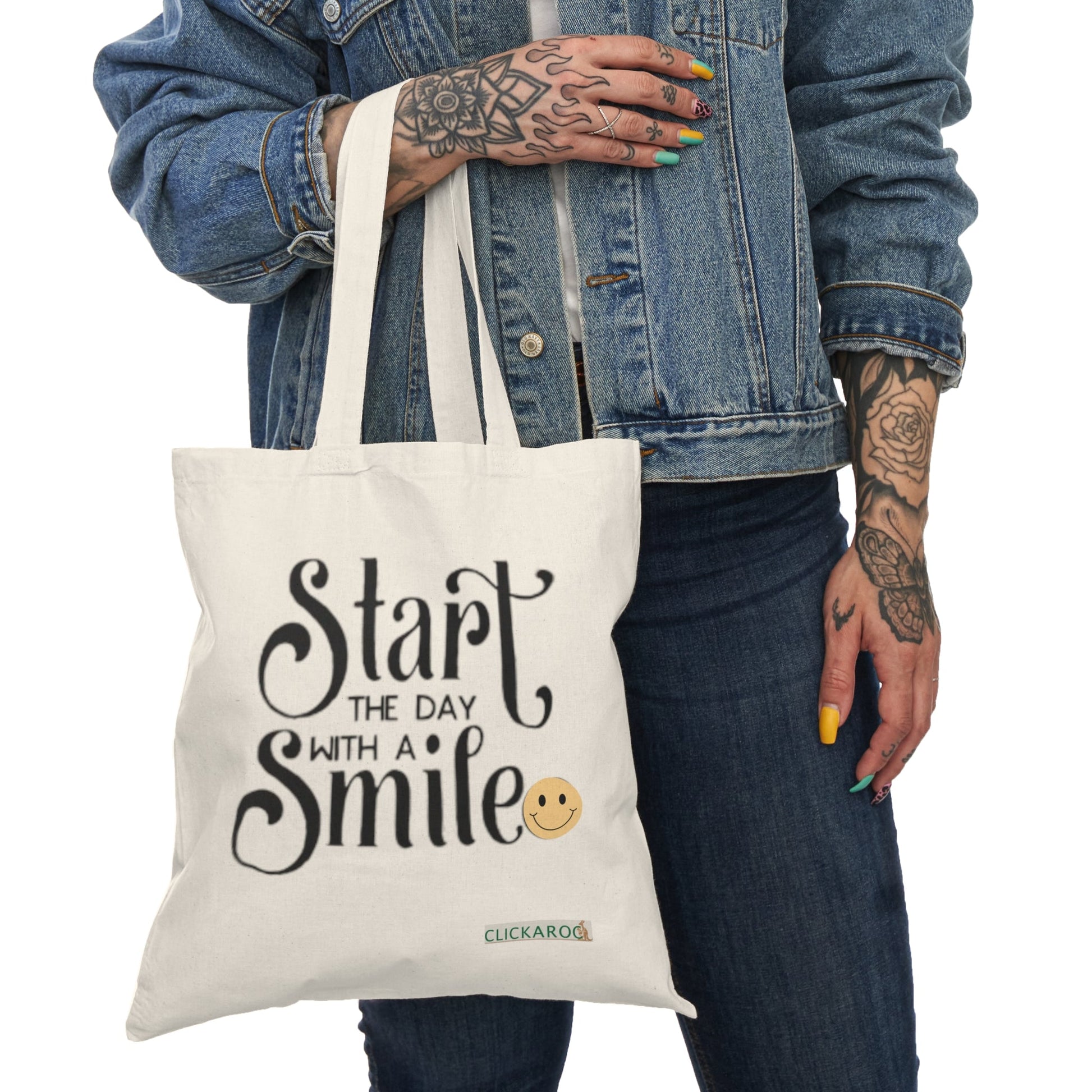 Buy Start the Day With a Smile Natural Tote Bag Grocery & Everyday Shopper Printify