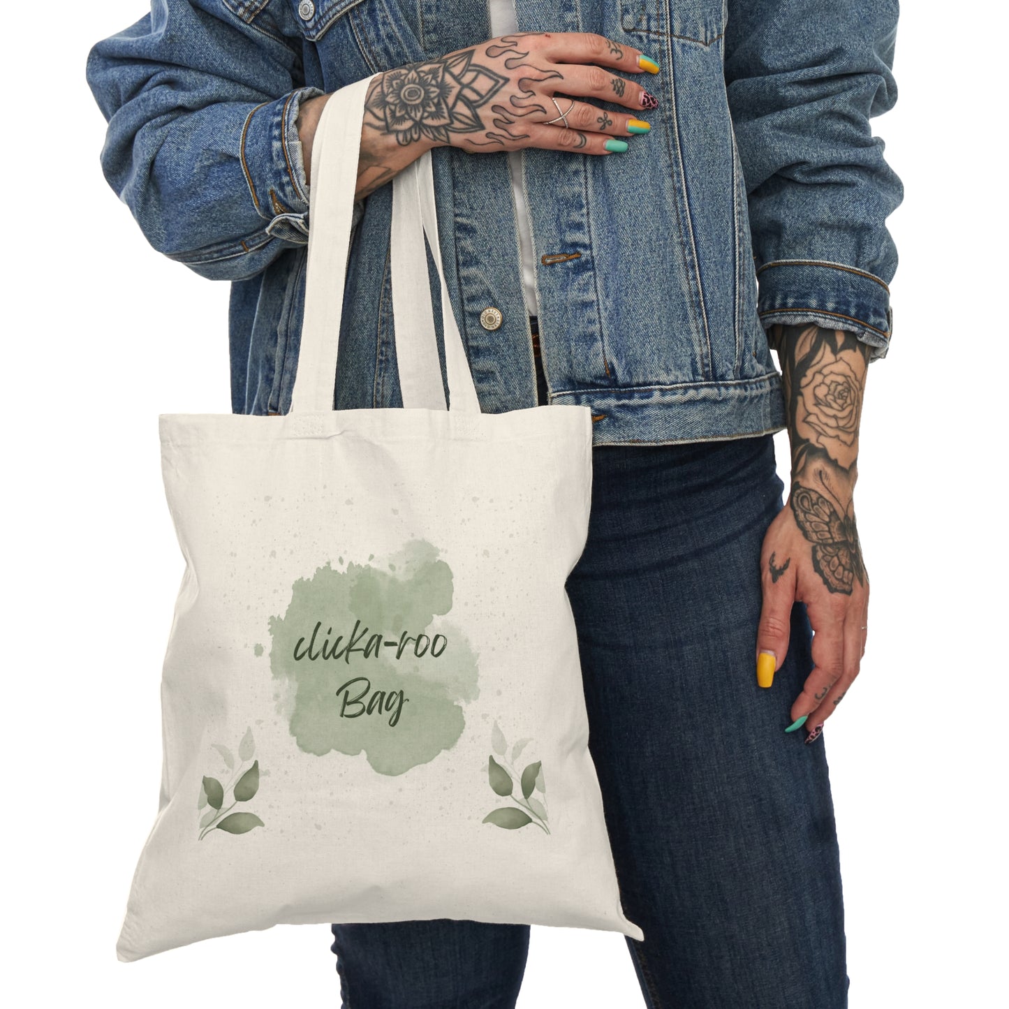 Natural Canvas Tote Bag - Green Watercolor "Clickaroo Bag" Eco Shopper