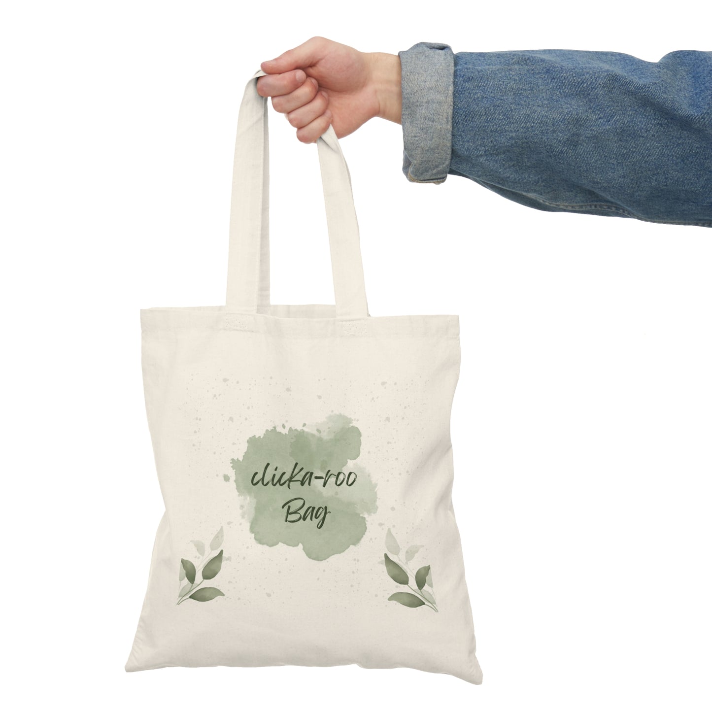 Natural Canvas Tote Bag - Green Watercolor "Clickaroo Bag" Eco Shopper